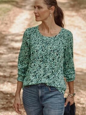 J. JILL Cotton Womens Green Floral Scoop-Neck Top Size XL